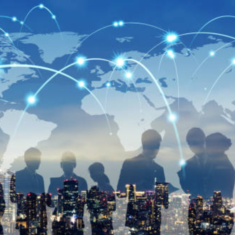 Global network concept. Map of Japan and group of people.