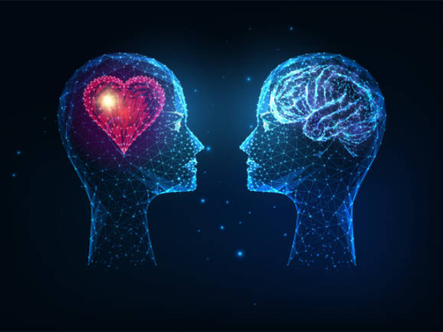 Futuristic emotional and intellectual intelligence concept with glowing low polygonal human heads with heart and brain isolated on dark blue background. Modern wire frame design vector illustration.