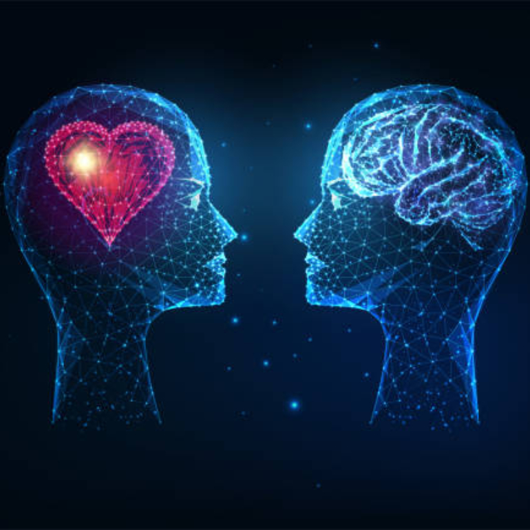 Futuristic emotional and intellectual intelligence concept with glowing low polygonal human heads with heart and brain isolated on dark blue background. Modern wire frame design vector illustration.
