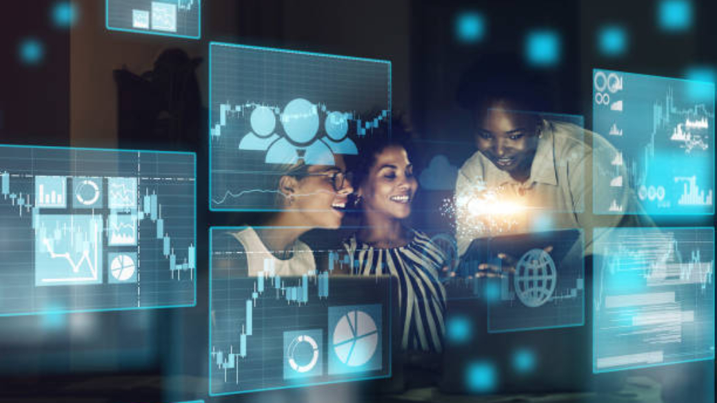 Stock market, overlay and trading team on finance, blockchain and forex digital website working on a strategy. Fintech, smile and happy traders studying global financial chart data analysis at night