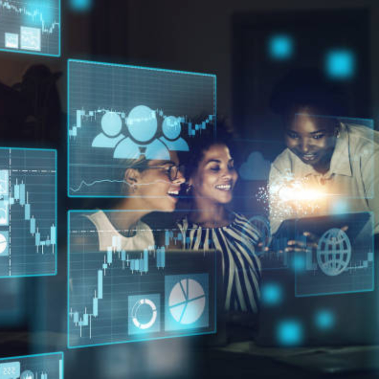 Stock market, overlay and trading team on finance, blockchain and forex digital website working on a strategy. Fintech, smile and happy traders studying global financial chart data analysis at night